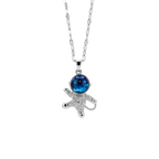 Silver necklace with a blue gemstone pendant on a white background