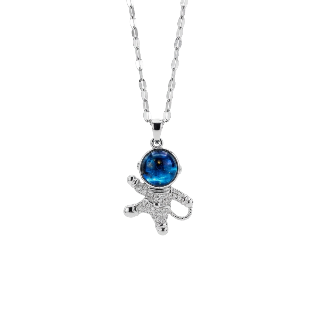 Silver necklace with a blue gemstone pendant on a white background