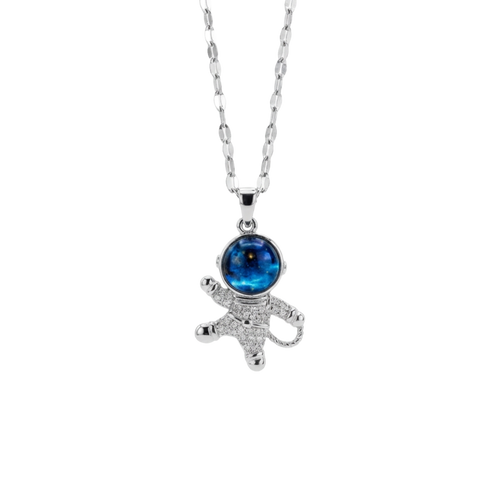 Silver necklace with a blue gemstone pendant on a white background
