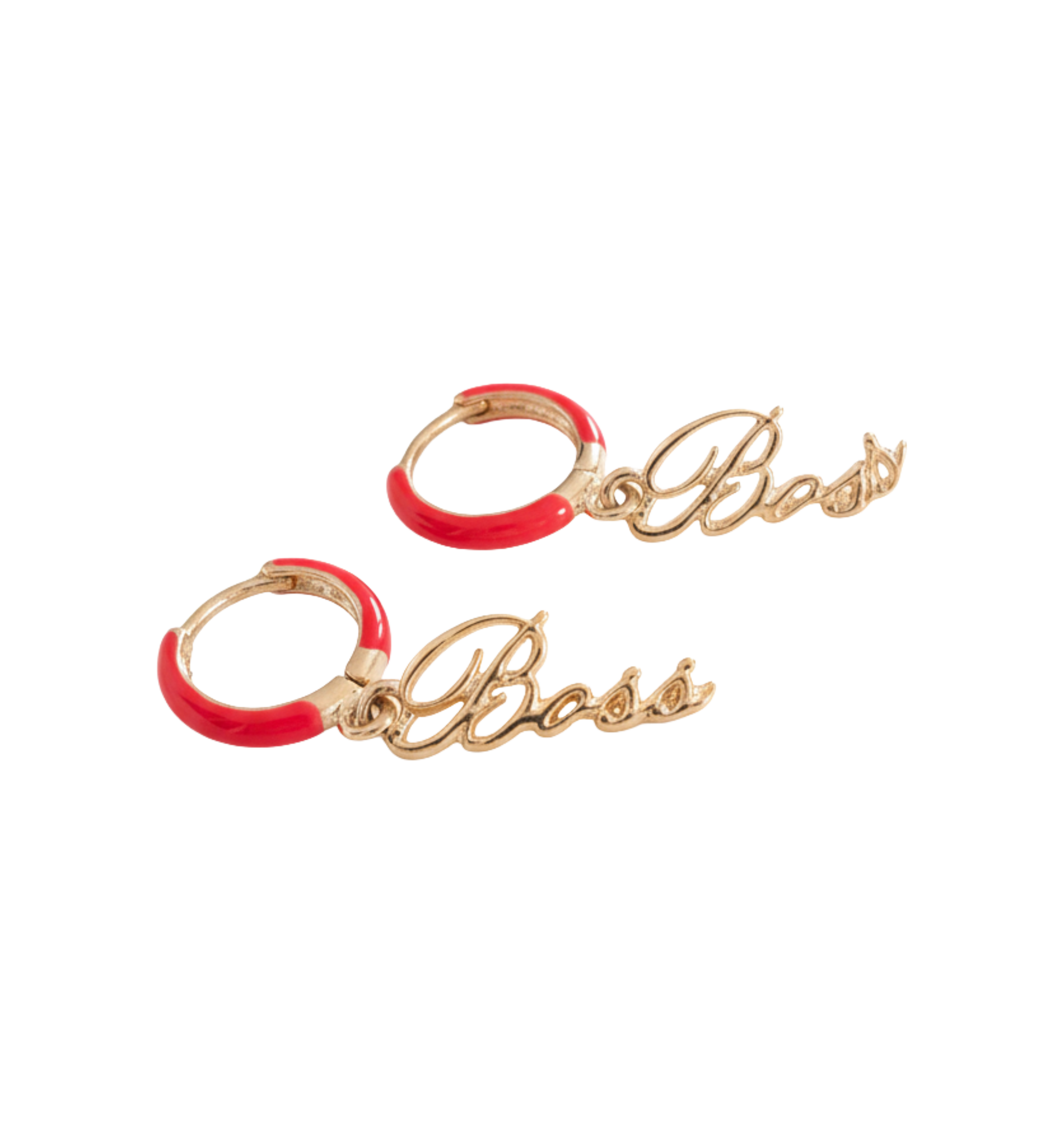 Gold hoop earrings with red accents and 'Boss' branding on a white background