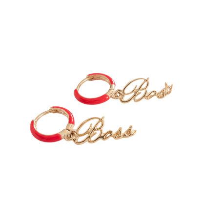 Gold hoop earrings with red accents and 'Boss' branding on a white background
