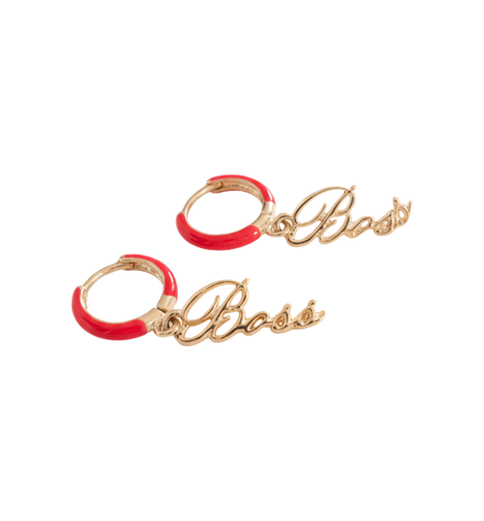 Gold hoop earrings with red accents and 'Boss' branding on a white background