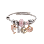 Bracelet with various charms including a dolphin, moon, and shell on a white background