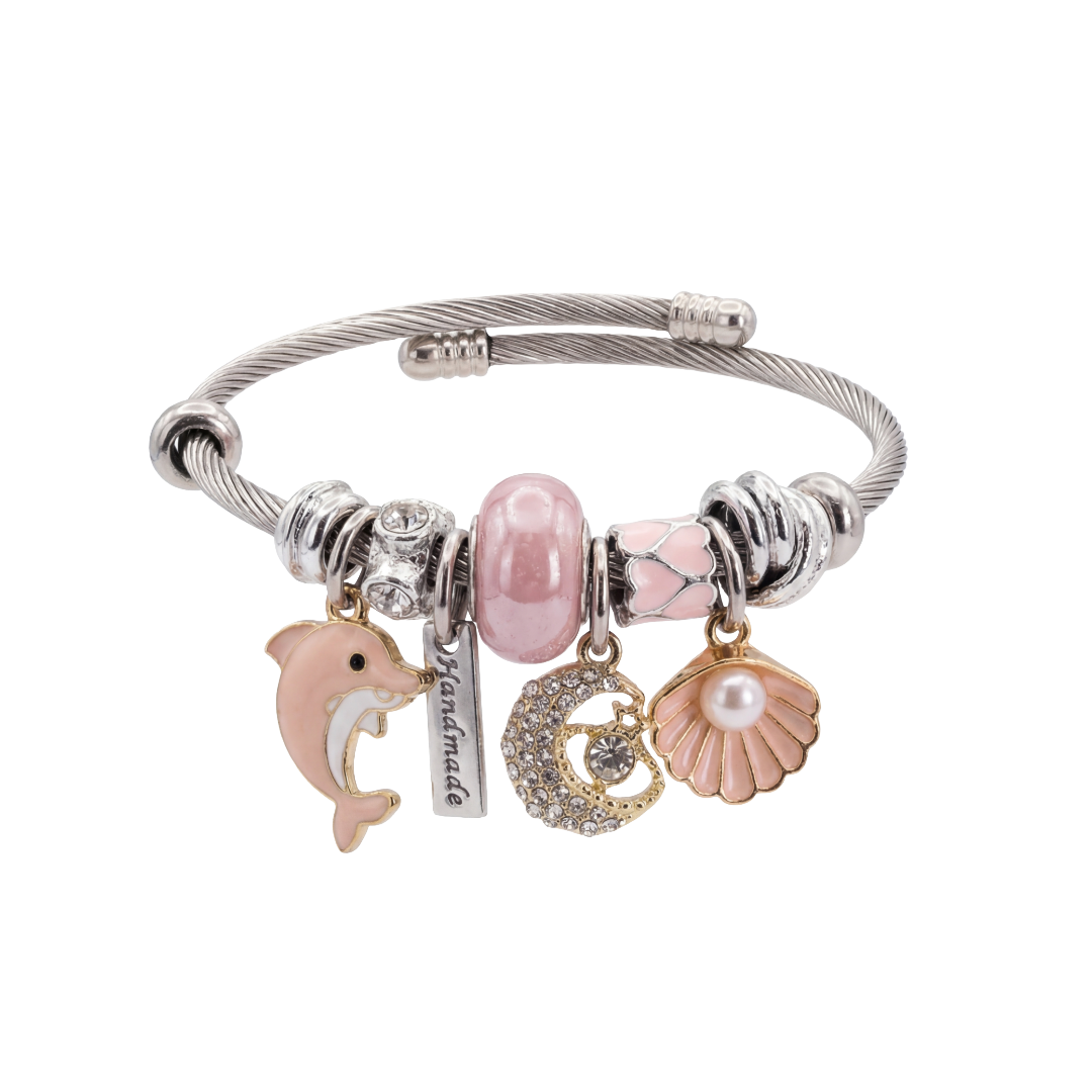 Bracelet with various charms including a dolphin, moon, and shell on a white background