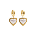 Gold heart-shaped earrings with pearl center on a white background