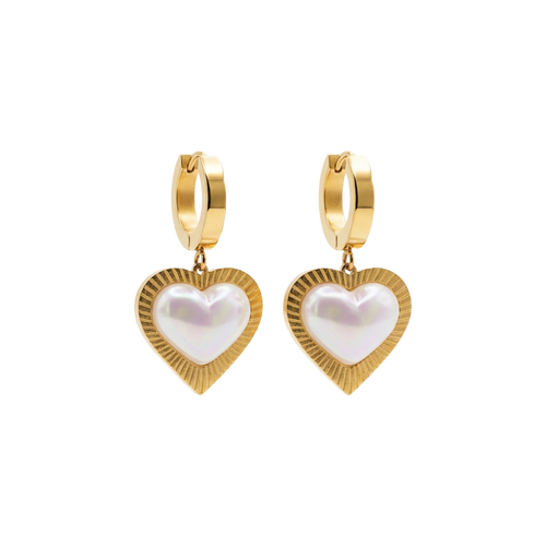 Gold heart-shaped earrings with pearl center on a white background