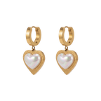 Gold hoop earrings with heart-shaped pearl drops on a white background