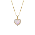 Heart-shaped opal pendant on a gold chain against a white background