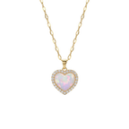 Heart-shaped opal pendant on a gold chain against a white background