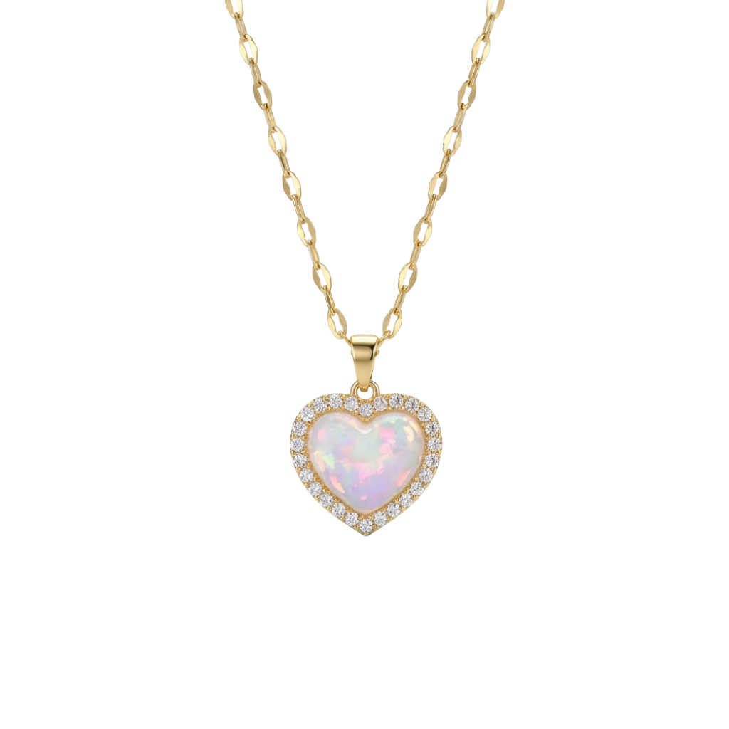 Heart-shaped opal pendant on a gold chain against a white background