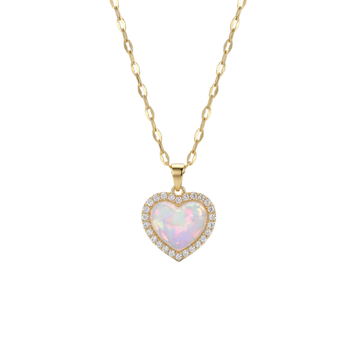 Heart-shaped opal pendant on a gold chain against a white background
