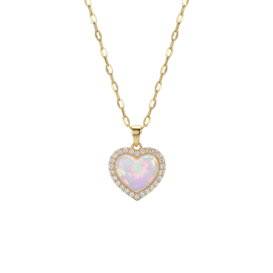 Heart-shaped opal pendant on a gold chain against a white background