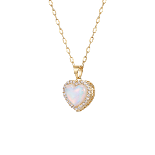 Gold necklace with a heart-shaped pendant on a white background
