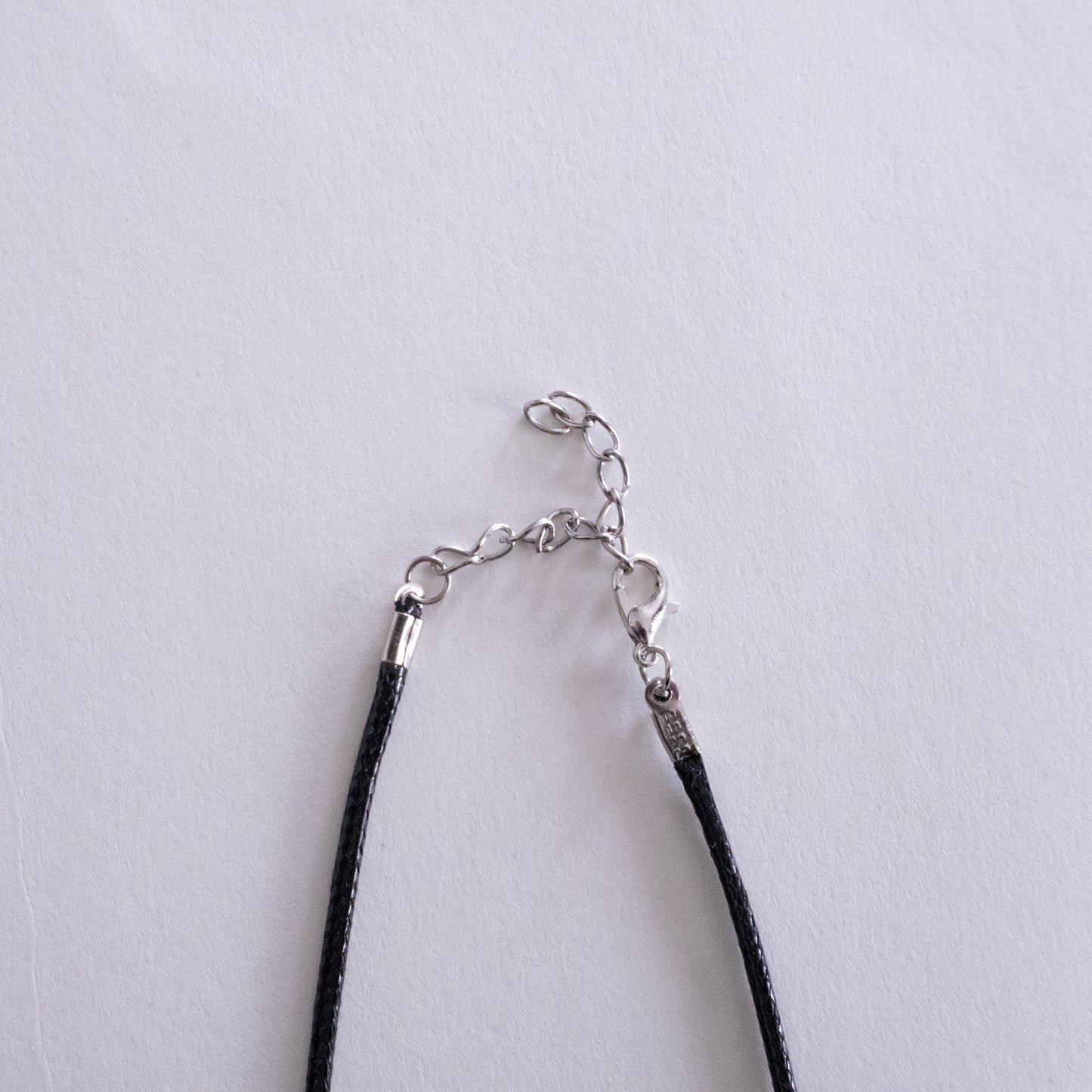 Necklace with black cord and silver clasp on a light gray background