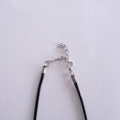 Necklace with black cord and silver clasp on a light gray background