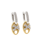 Pair of gold and silver hoop earrings with diamond accents on a white background