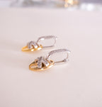Pair of gold and silver earrings on a light background
