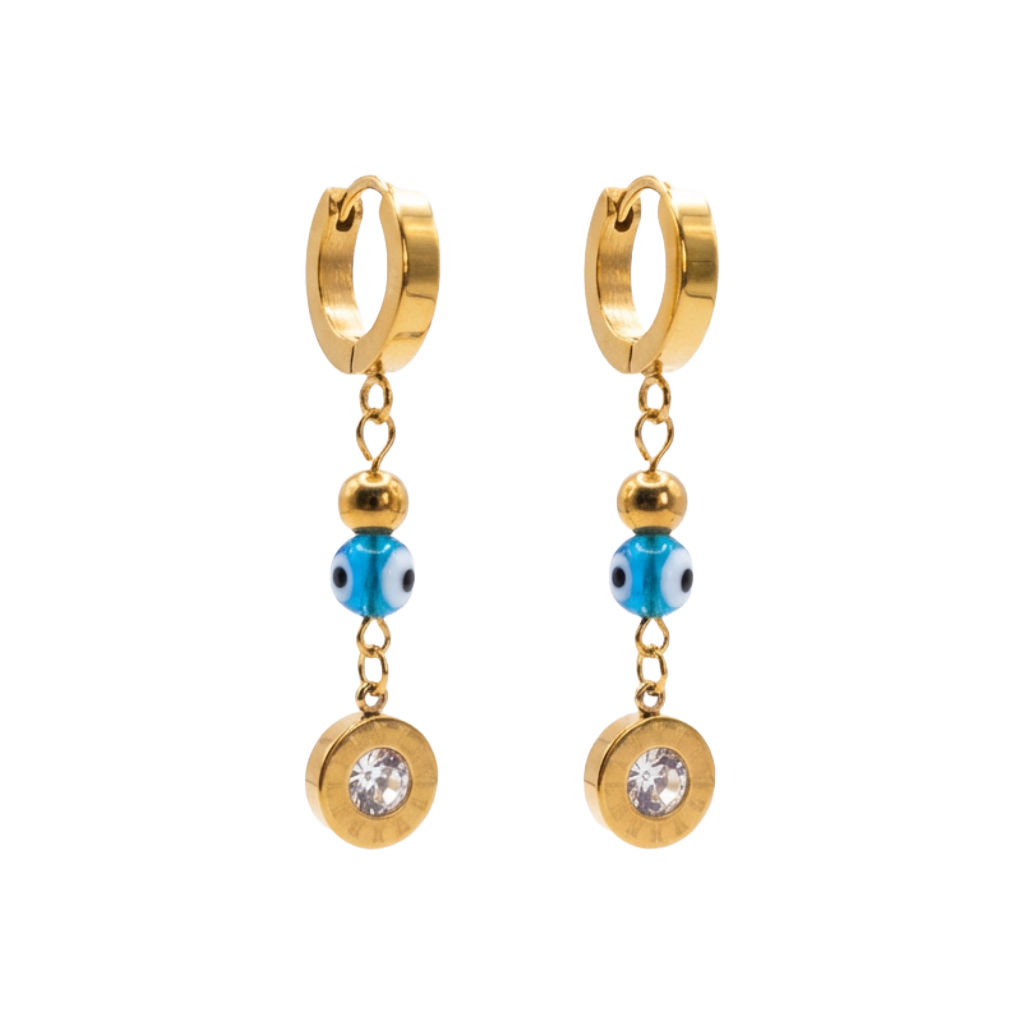 Gold hoop earrings with blue beads and clear stones on a white background