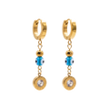 Gold hoop earrings with blue beads and clear stones on a white background