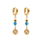 Gold hoop earrings with blue beads and clear stones on a white background