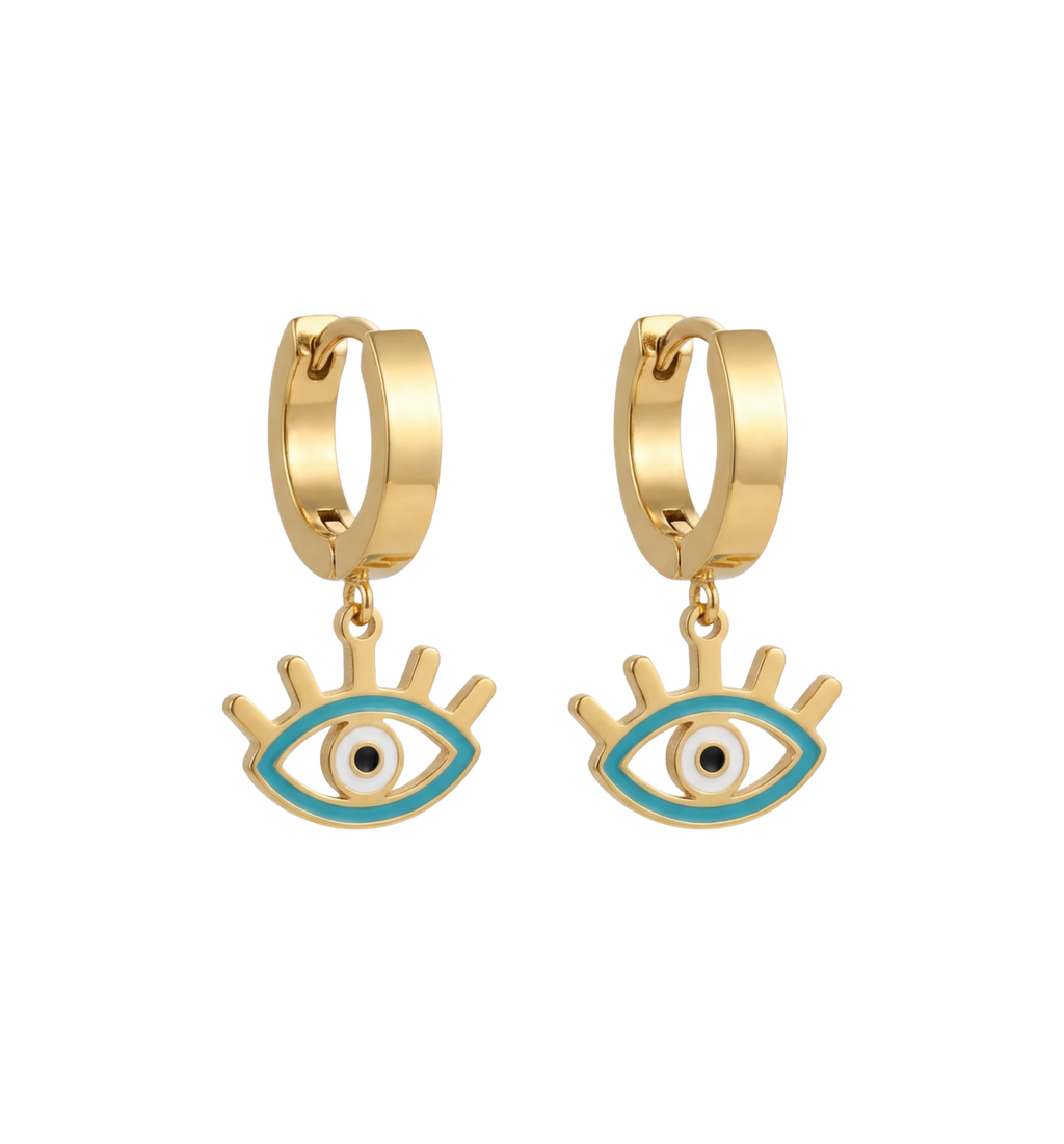 Gold hoop earrings with eye-shaped charms on a white background