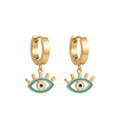 Gold hoop earrings with eye-shaped charms on a white background