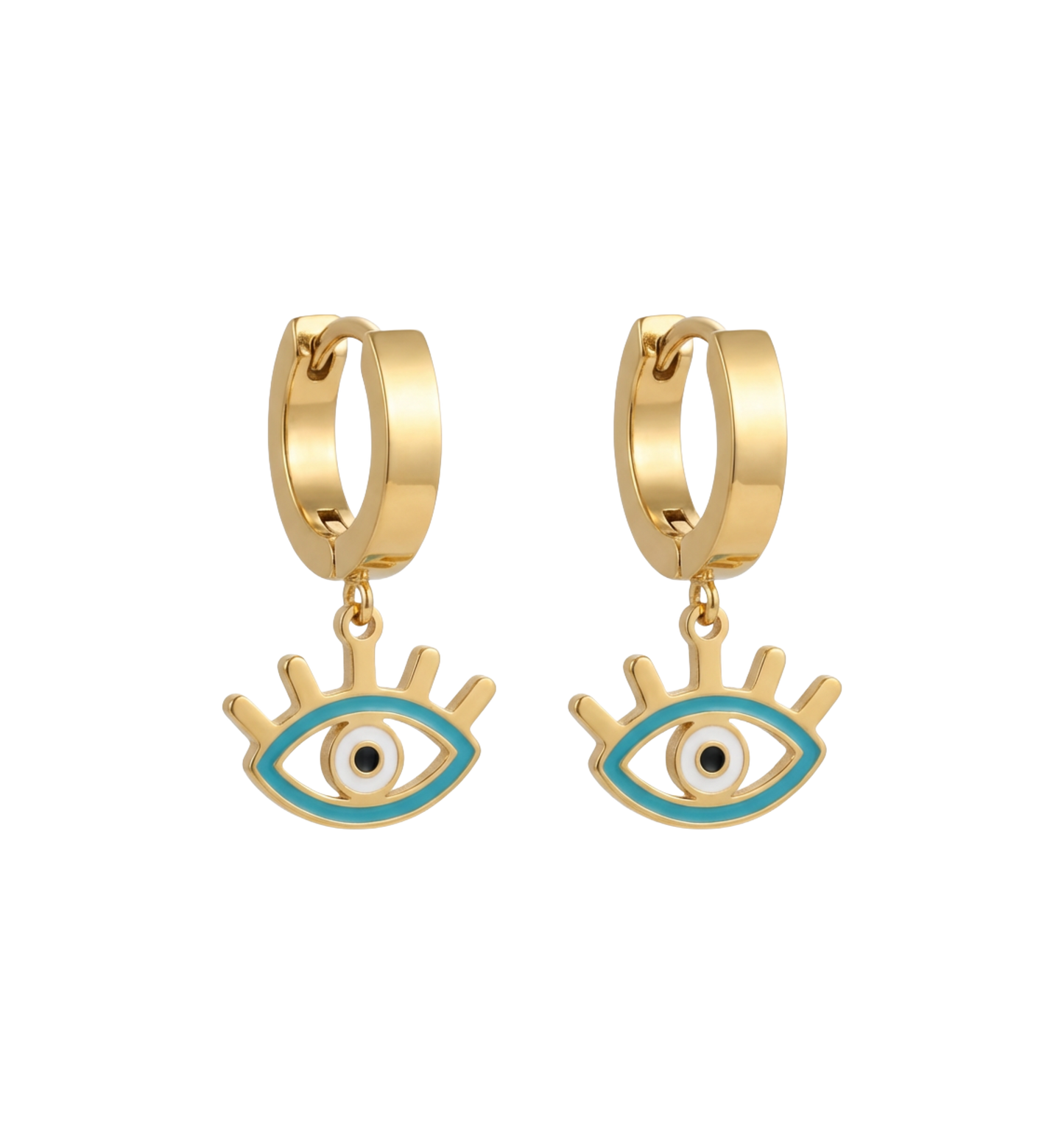 Gold hoop earrings with eye-shaped charms on a white background