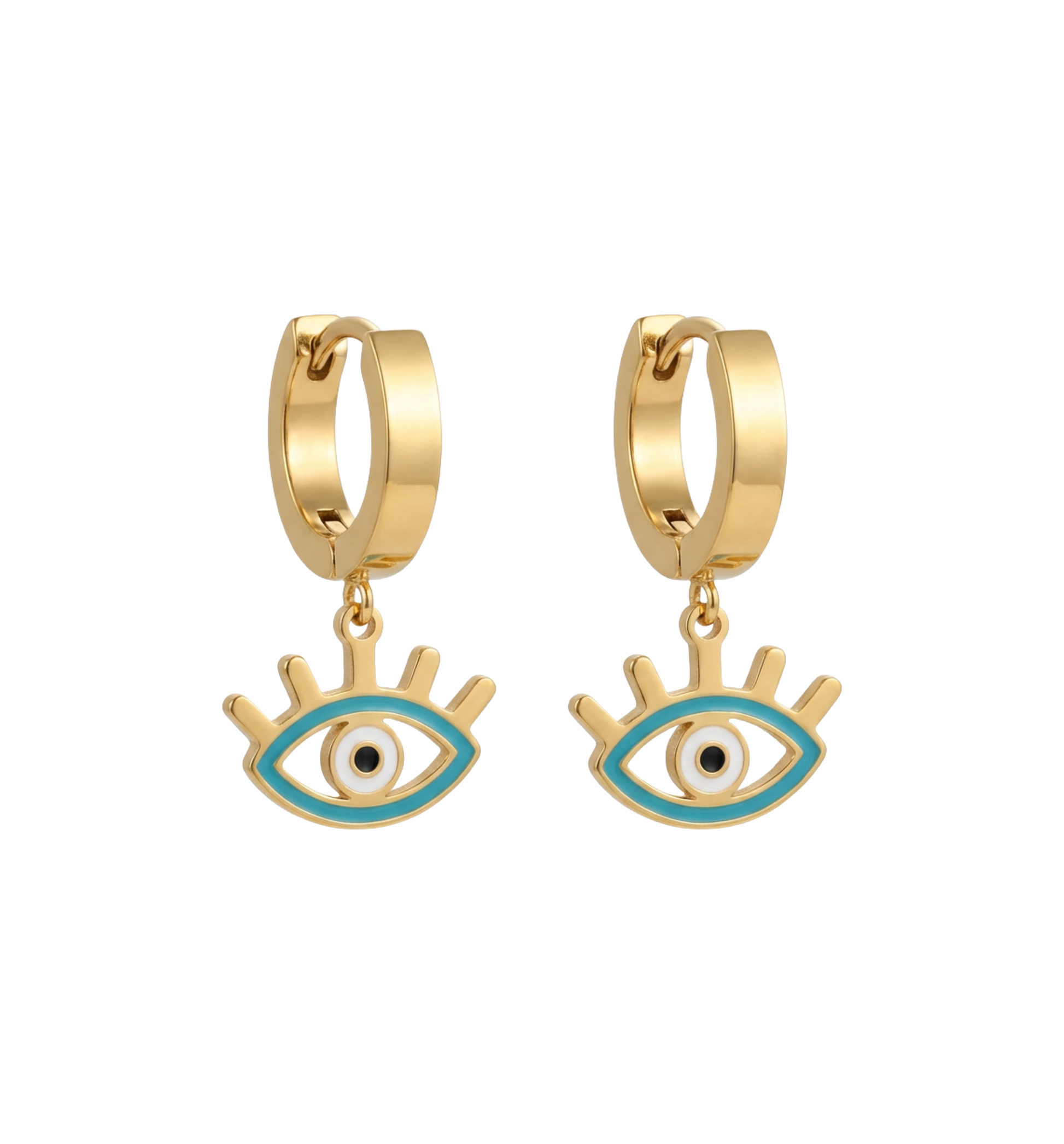 Gold hoop earrings with eye-shaped charms on a white background