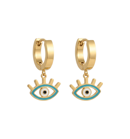 Gold hoop earrings with eye-shaped charms on a white background