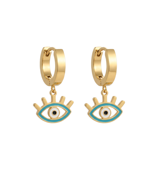 Gold hoop earrings with eye-shaped charms on a white background