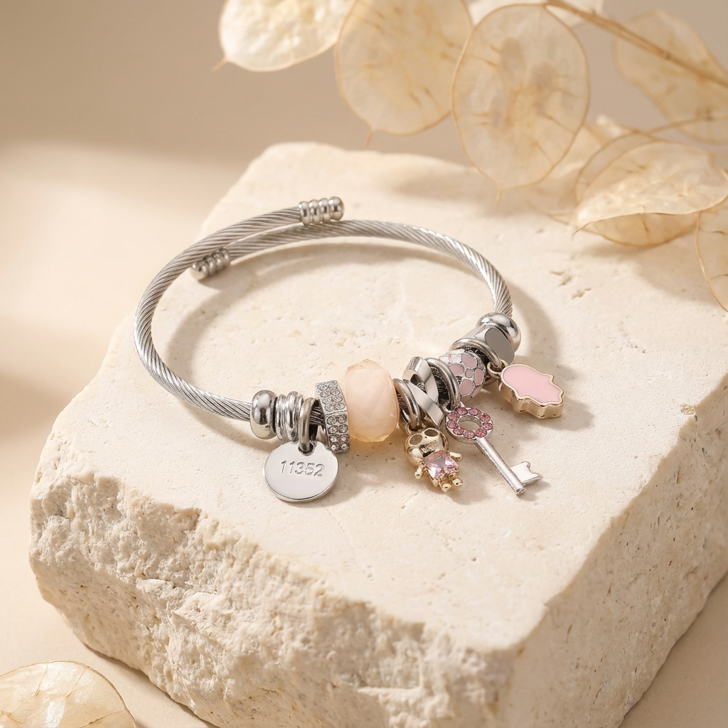 Stainless Steel Pink Accent Beads Charm Bracelet