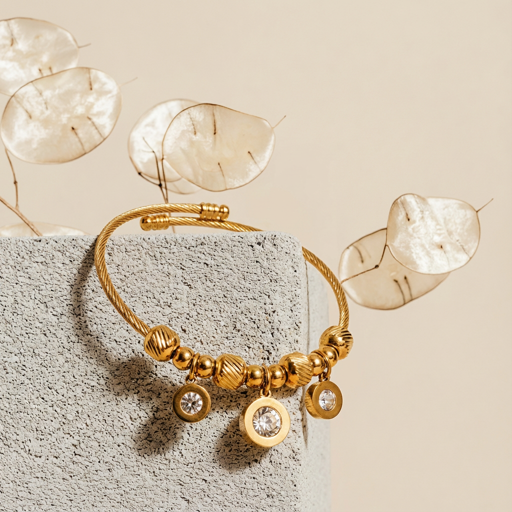 Stainless Steel Gold Cable Bracelet with Three Crystal Charms