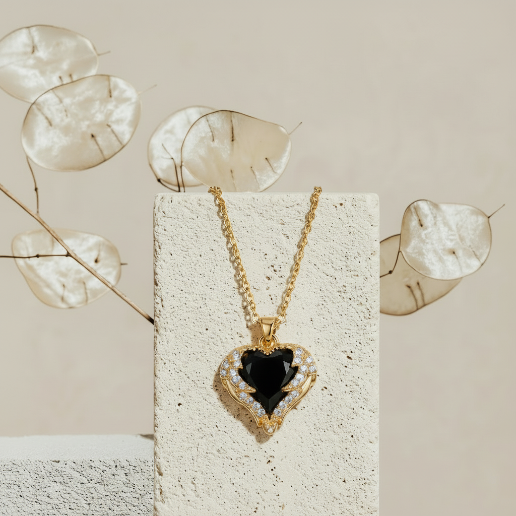 Two-Sided Black Heart Locket Necklace