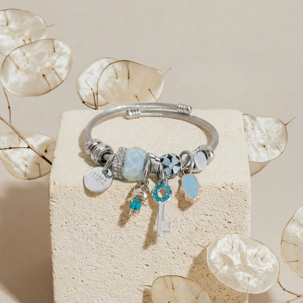 Stainless Steel Cable Blue Accent Beads Wire Charm Bracelet