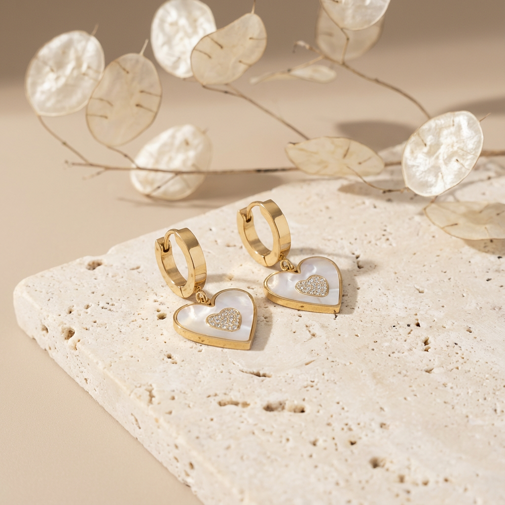 Pendientes de aro con corazón de oro y nácar