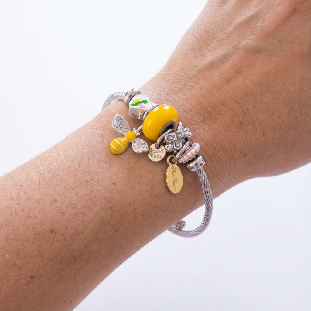 Stainless Steel Charm Bracelet with Yellow Bee, Heart, Beads