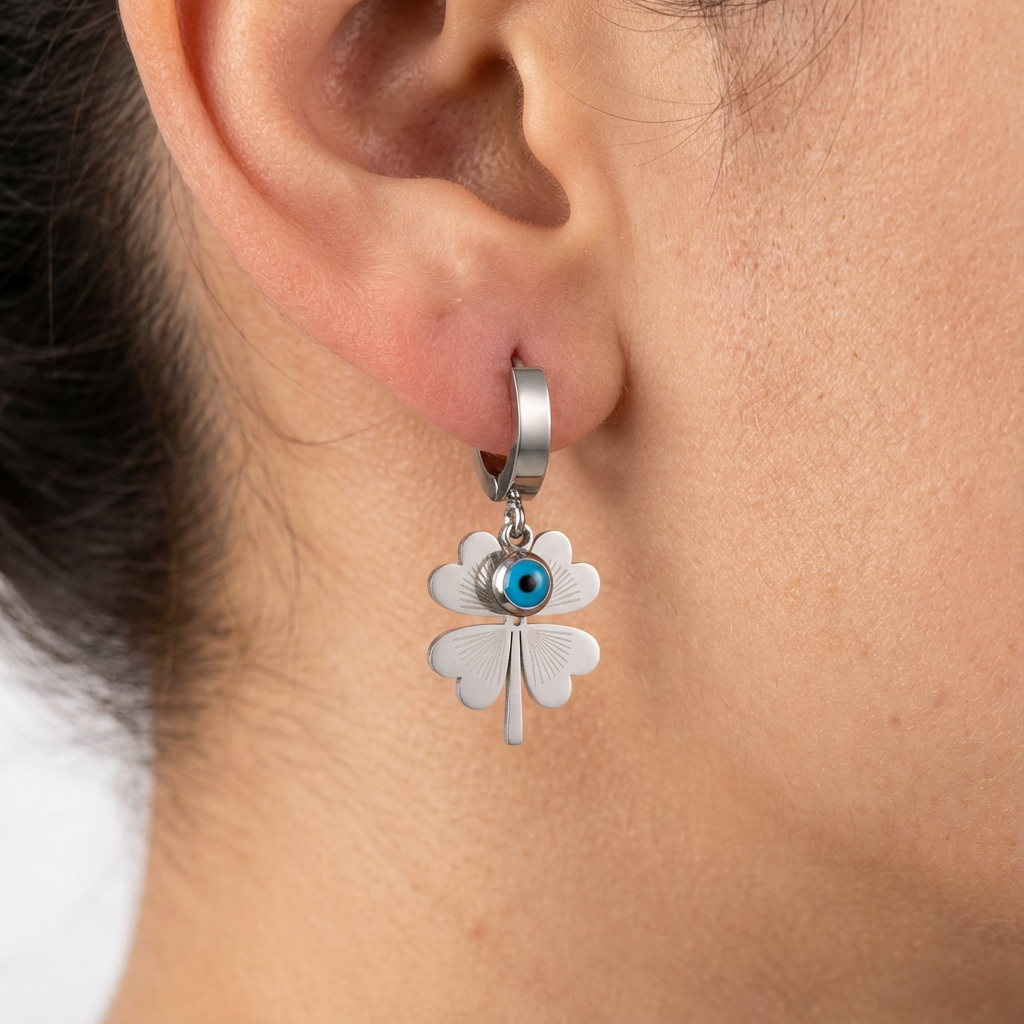 Blue Evil Eye Four-Leaf Clover Earrings