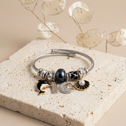 Pulsera de cable de acero inoxidable con delfín, cristal y dijes mixtos