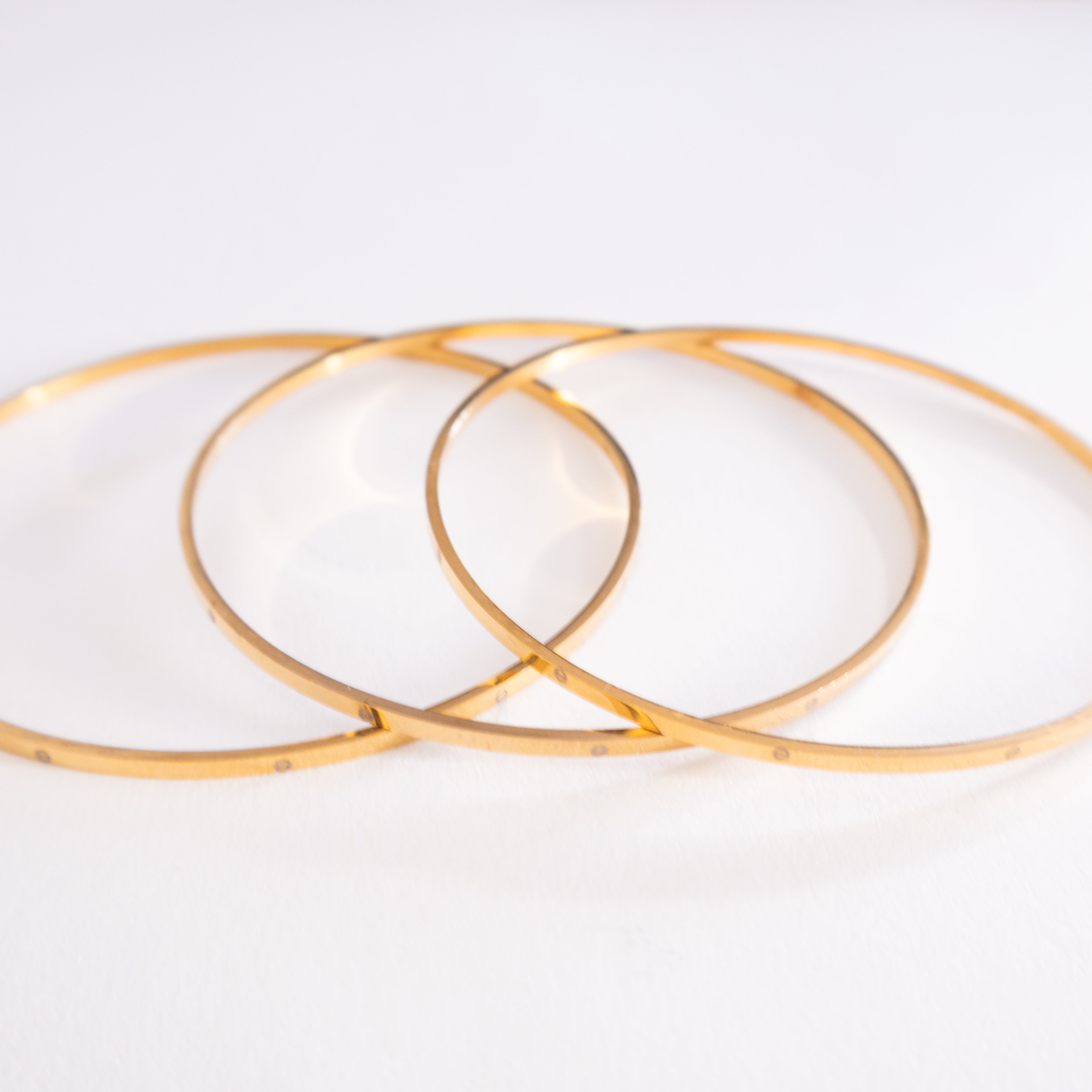 Two white plates with gold rims on a light gray background