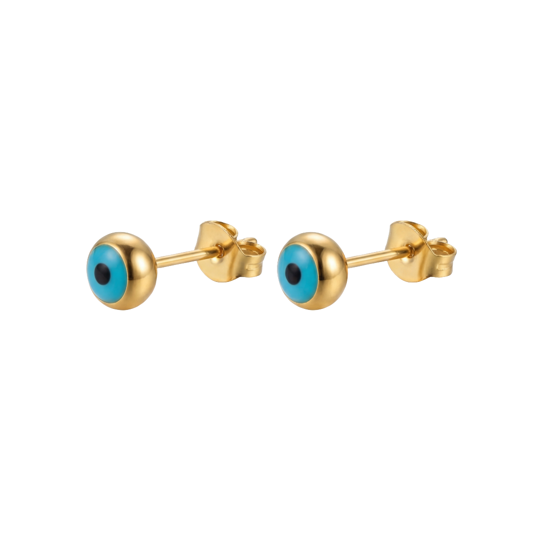 Gold-colored earrings with blue and black eye design on a white background