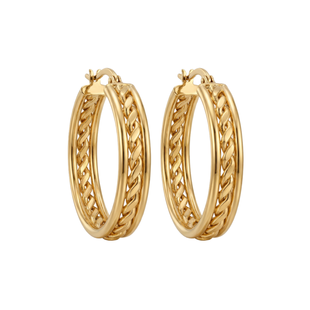 Gold hoop earrings on a white background