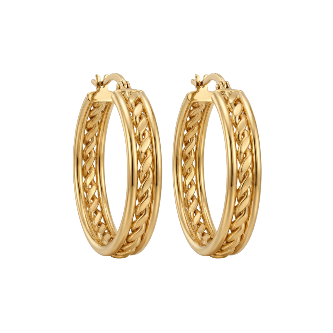 Gold hoop earrings on a white background