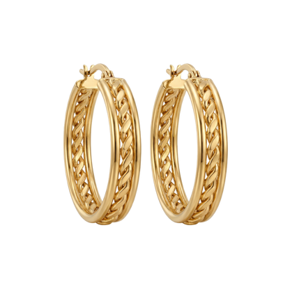 Gold hoop earrings on a white background