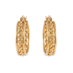 Gold hoop earrings with intricate design on a white background