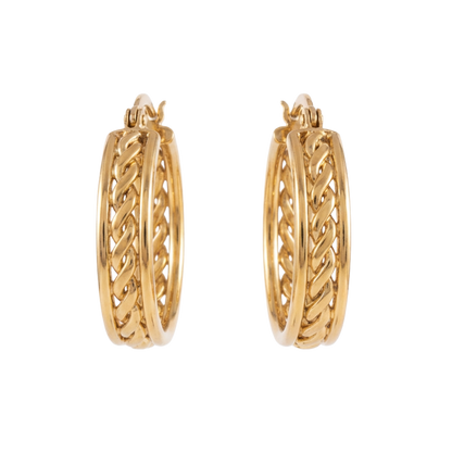 Gold hoop earrings with intricate design on a white background