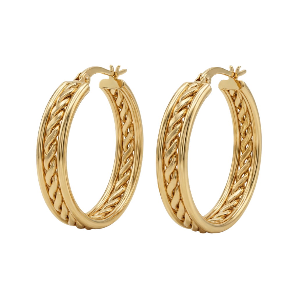 Pair of gold hoop earrings on a white background