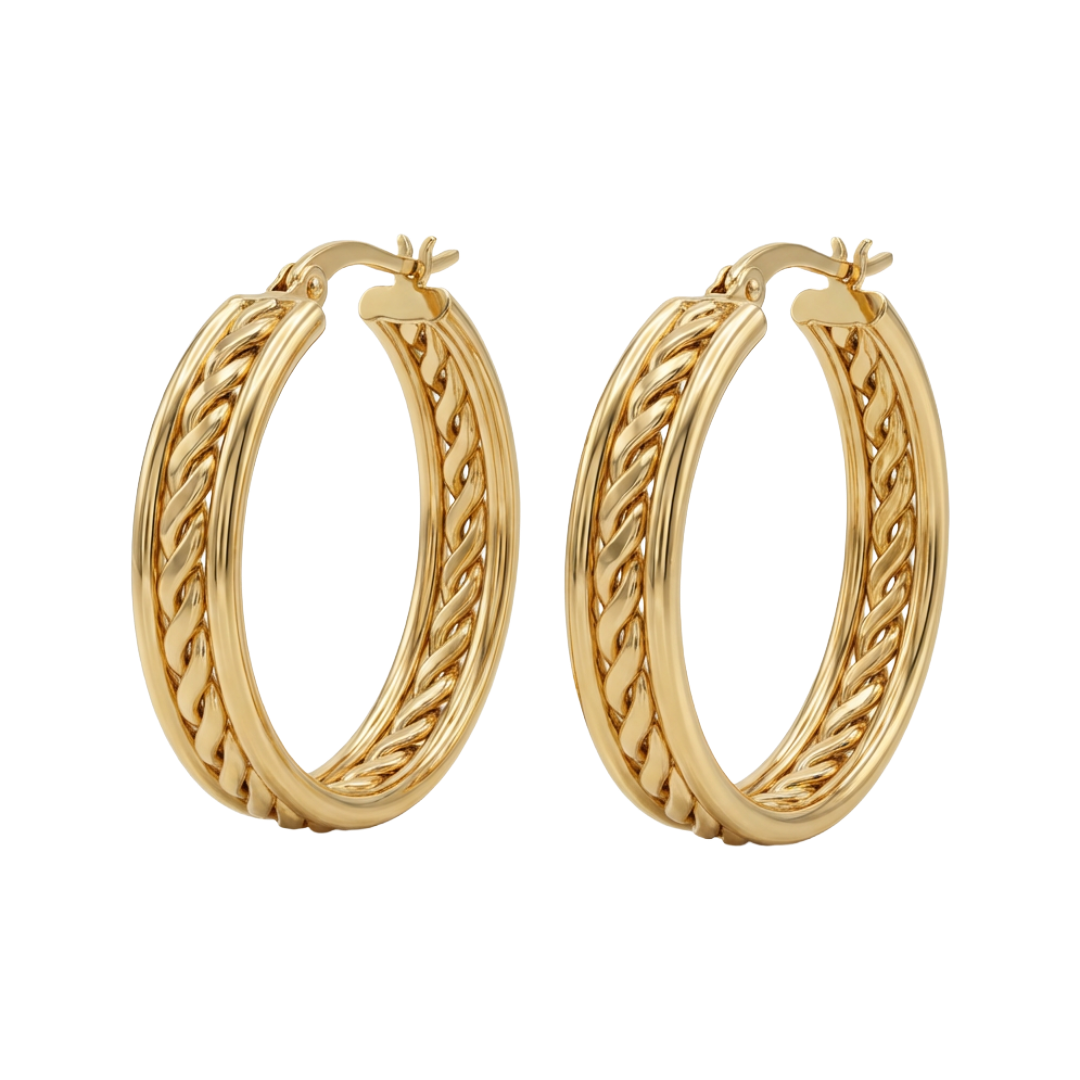 Pair of gold hoop earrings on a white background