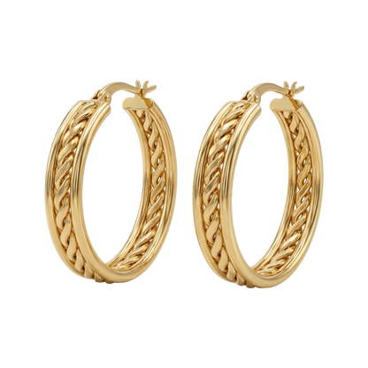 Pair of gold hoop earrings on a white background