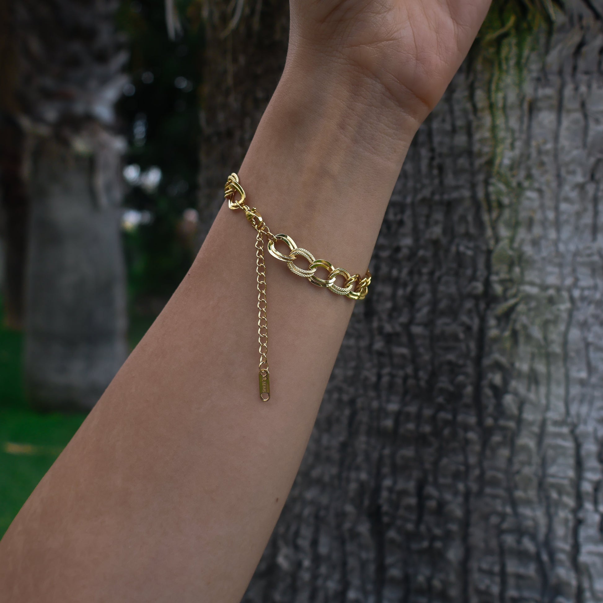 Gold chain bracelet on a wrist with a blurred natural background