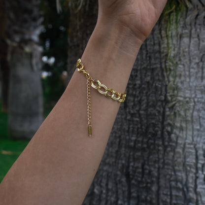 Gold chain bracelet on a wrist with a blurred natural background
